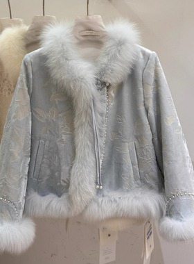 新中式名媛风奢华狐狸毛羽绒服女2025冬季亮片刺绣90白鸭绒短外套
