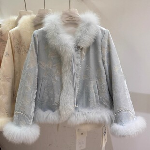 新中式名媛风奢华狐狸毛羽绒服女2025冬季亮片刺绣90白鸭绒短外套