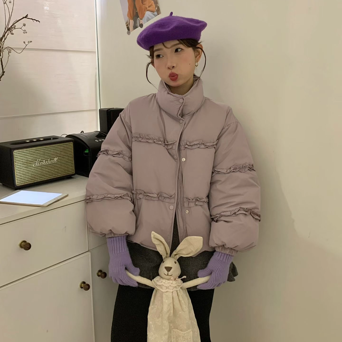 立领糯叽叽花边拼接小个子羽绒服