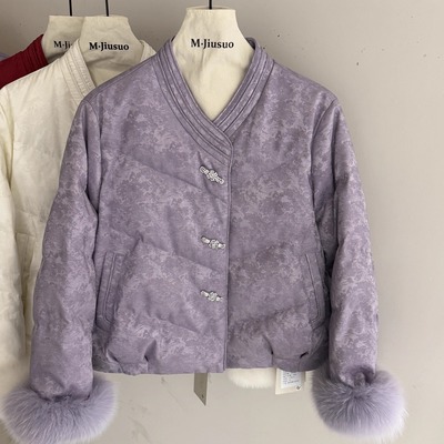 新中式立领人丝提花精致羽绒服女