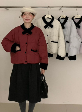 韩版学院风小个子撞色羽绒服女2025年冬季丝绒领结白鸭绒短款外套