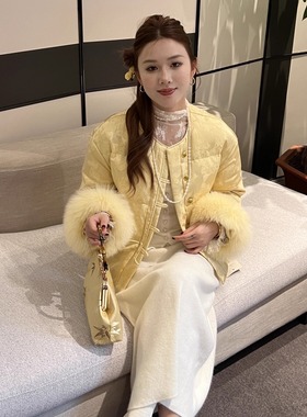 新中式小个子提花国风羽绒服女2025冬季人丝提花圆领小金扣短外套