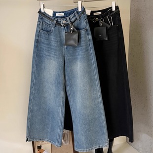 阔腿裤 女冬氛围感配腰包时尚 68388 直筒牛仔长裤 CHACHA复合绒韩版