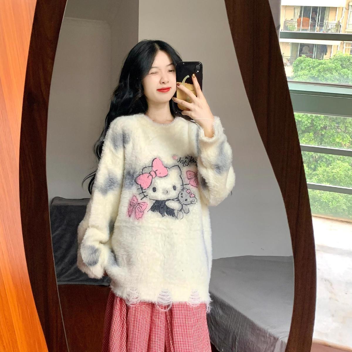 日系甜美卡通Kitty猫套头毛衣女秋冬季宽松慵懒扎染针织衫