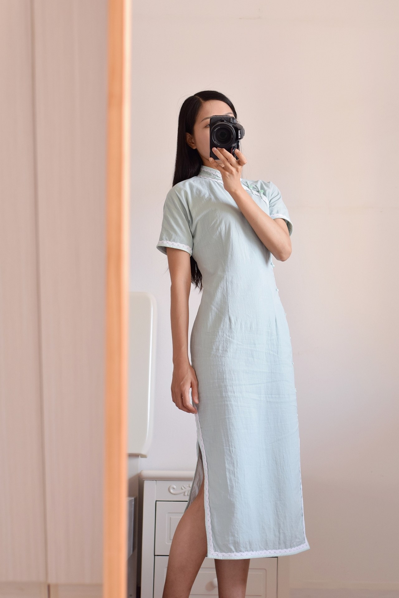 华笙 夏季新款全开襟纯色清新花边棉旗袍 民国风淑女旗袍连衣裙