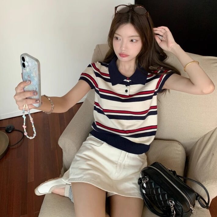 2025夏季新款韩版学院风设计感条纹短袖针织衫女宽松显瘦百搭上衣