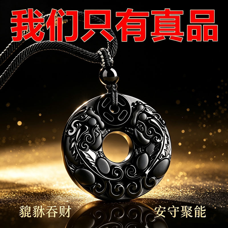 天然黑曜石貔貅平安扣吊坠无事牌项坠/吊坠