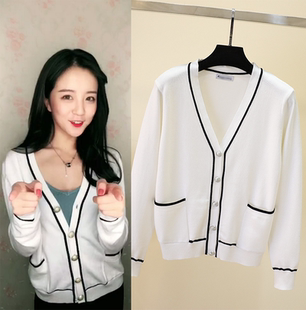 V领长袖 莉哥同款 新款 2018秋季 学院风条纹口袋上衣外套女 针织开衫