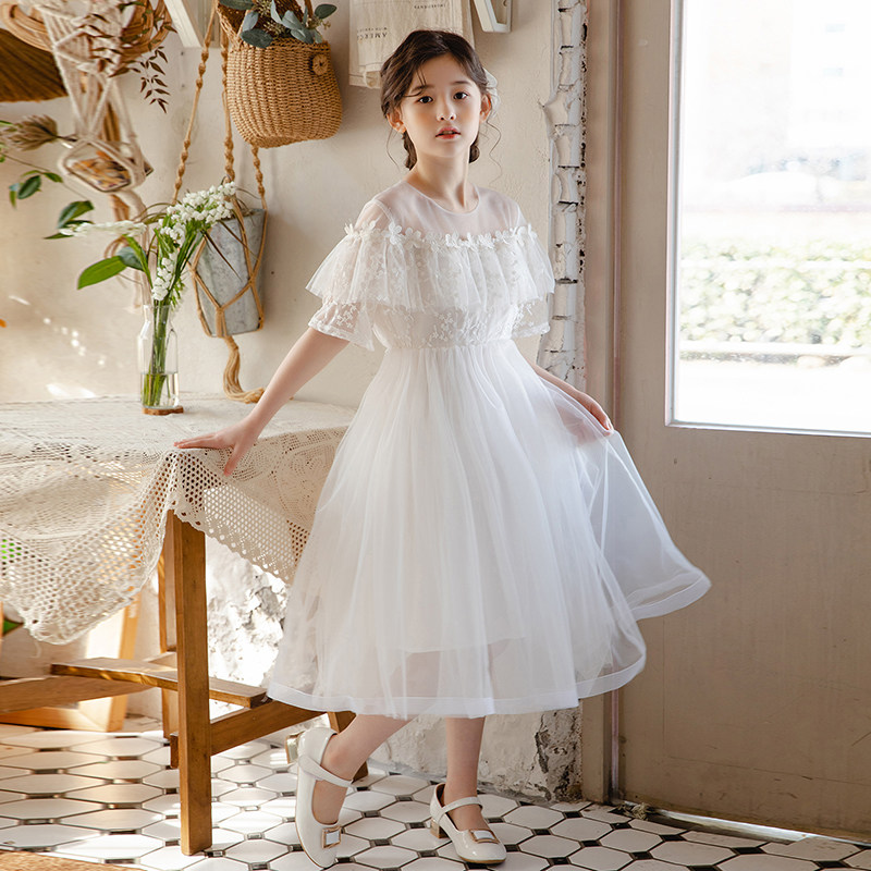 女童连衣裙夏蕾丝韩版儿童白色网纱2025洋气表演裙子中大童公主裙