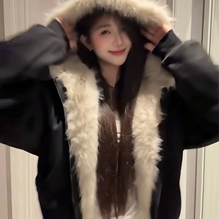 鹿皮绒派克服短款羽绒棉服仿兔毛大毛领连帽棉衣外套美式复古