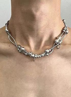 项链男潮双层叠戴重工圆珠爱心冷淡风嘻哈痞帅风金属个性锁骨链女