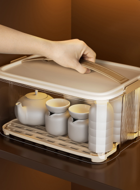 茶具茶杯收纳盒防尘透明公道杯盖碗杯子置物架功夫茶壶带盖整理箱