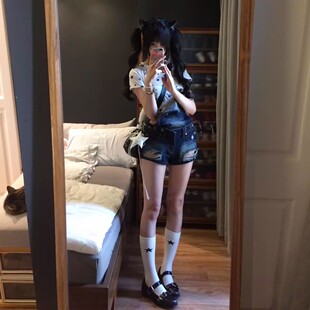 子两件套 复古显瘦连体短裤 设计感辣妹甜酷风破洞牛仔背带裤 女美式