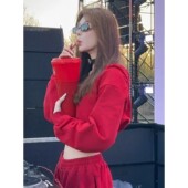 套装 现货现发元 开衫 外套抽绳卫裤 气套组 红色连帽卫衣辣妹短款