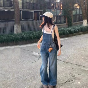 设计感美式复古绑绳背带牛仔裤女韩版宽松显瘦直筒阔腿吊带牛仔裤