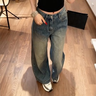 子 高腰直筒宽松显瘦阔腿长裤 高级感重工满钻烫钻闪亮牛仔裤 女秋季