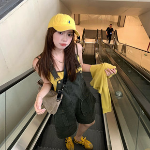 高级感工装牛仔背带裤女夏季薄款小个子美式复古慵懒宽松减龄短裤
