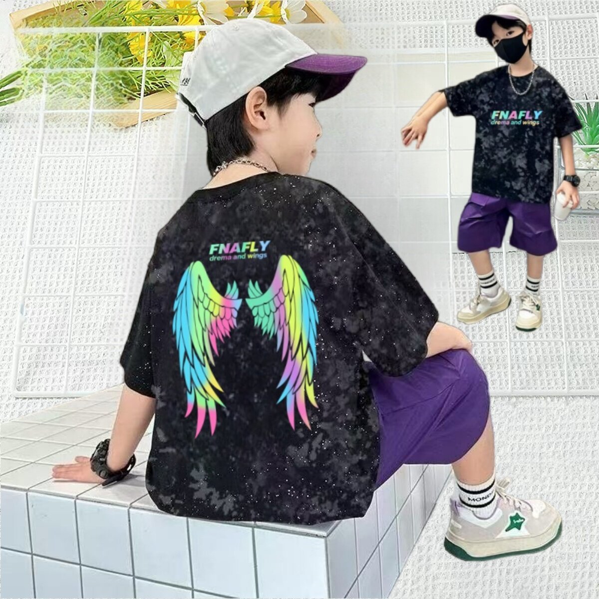 男童韩范痞帅扎染羽翼短袖T恤图片