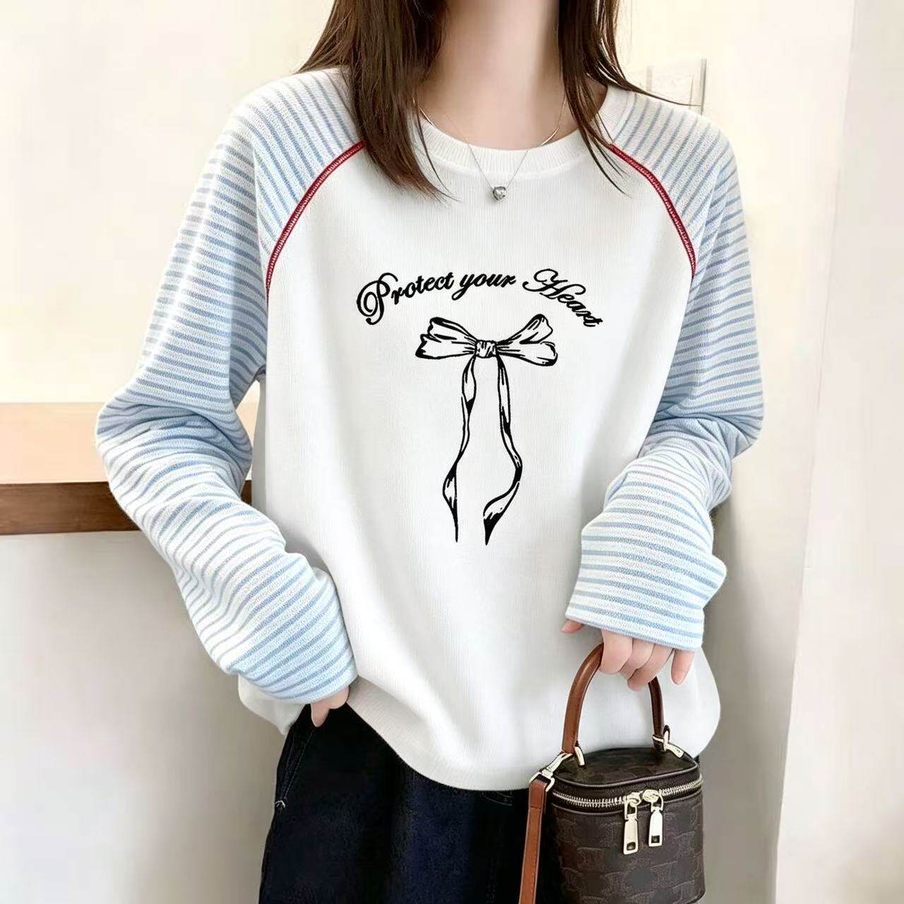 女童新款长袖T恤白蓝条纹撞色圆领插肩袖条纹长袖T恤女韩版上衣款