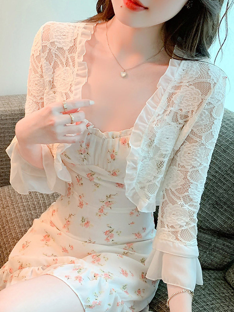 雪纺小披肩配裙子吊带外搭夏季薄款防晒开衫网纱短袖上衣蕾丝罩衫