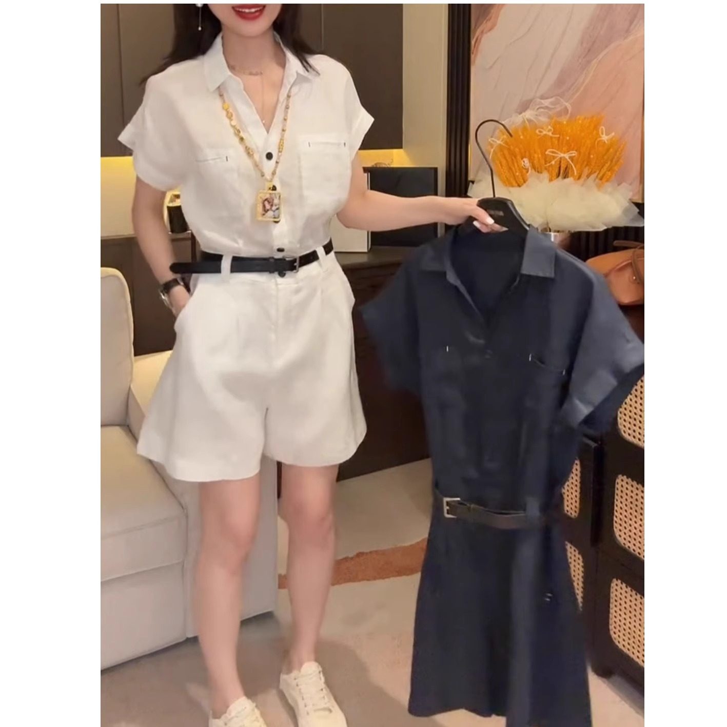 夏季亚麻连体短裤宽松显瘦百搭时尚纯色洋气减龄连体裤2025年