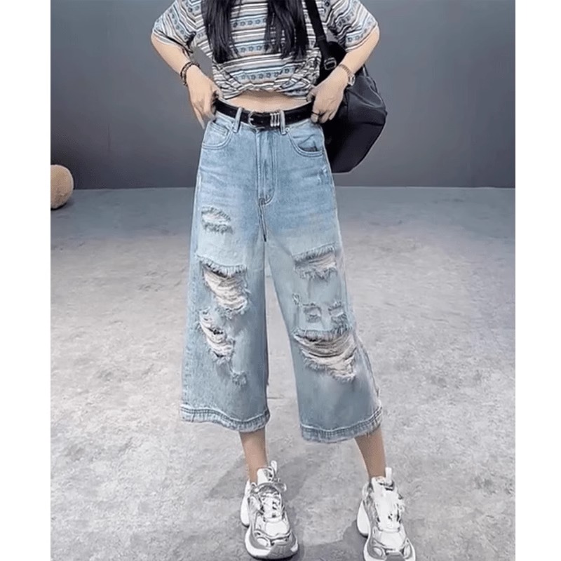 2025夏季新款大码胖mm高腰显瘦破洞阔腿牛仔裤女宽松直筒七分裤子