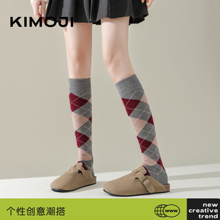 袜子女菱格秋冬格子中筒袜英伦风小皮鞋 长筒袜加厚保暖小腿袜