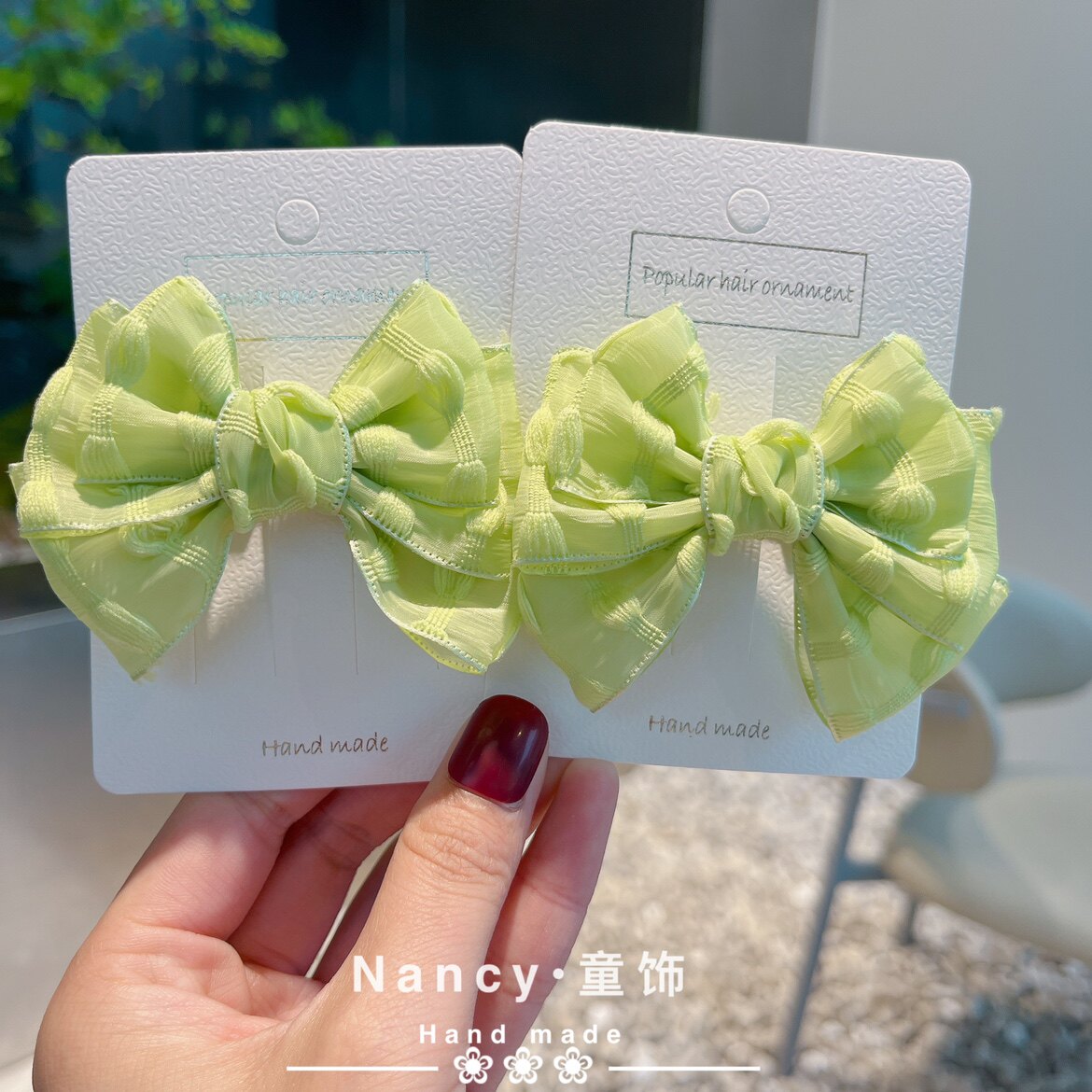 新款糖果色系牛油果绿泡泡纱雪纺儿童蝴蝶结发饰边夹女孩洋气头饰