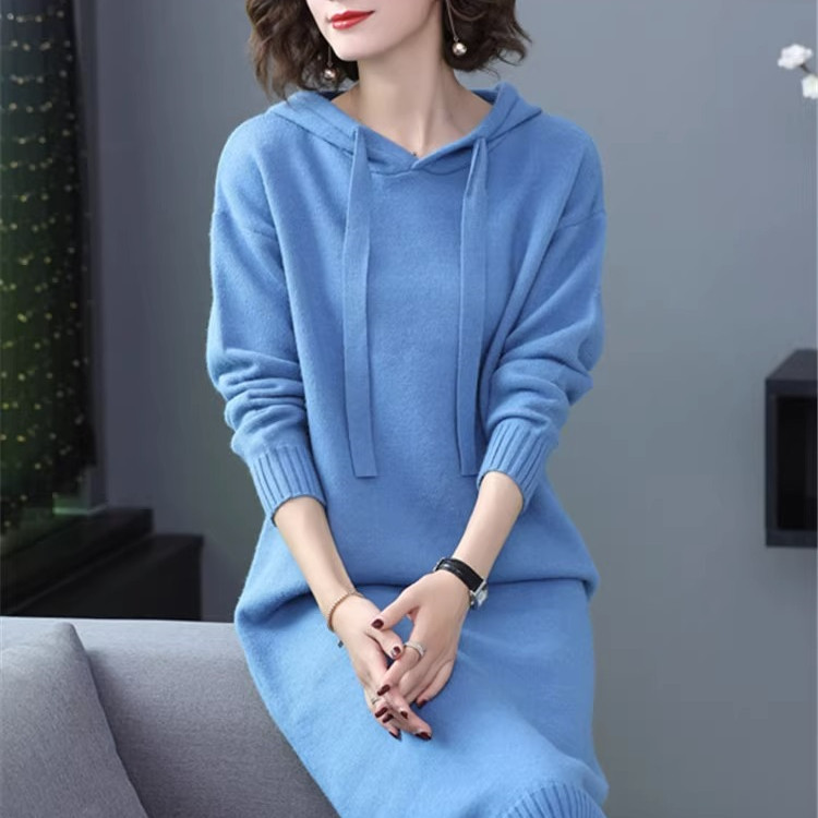 连帽卫衣连衣裙女中长款2025秋冬季新款宽松内搭打底衫针织毛
