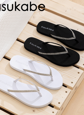 水钻亮钻人字拖凉拖鞋潮沙滩室外穿学生平跟中跟防滑浴室洗澡白色