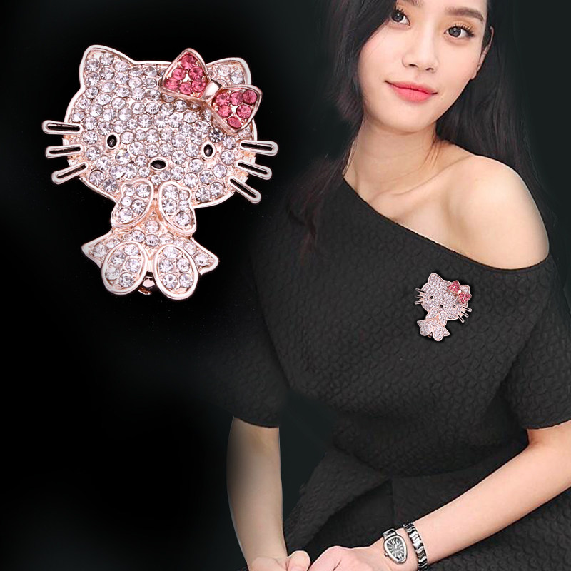 日系可爱卡通猫咪小胸针水钻蝴蝶结水晶领针扣女士衬衫胸花配饰
