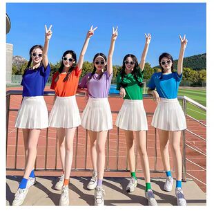 糖果色百褶裙套装夏季啦啦操演出拉拉队表演运动会毕业季闺蜜服装