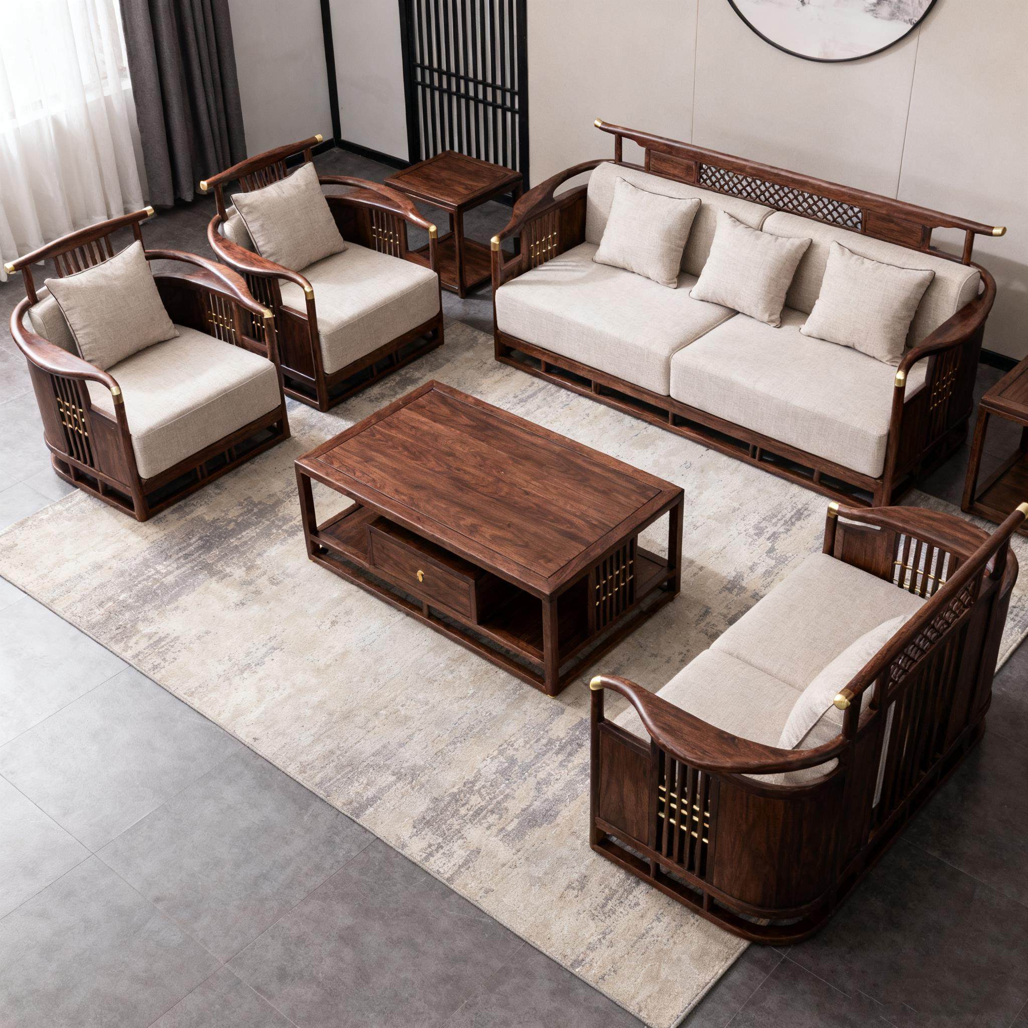 新中式实木沙发组合客厅家具北美黑胡桃木三人位茶几套装现代简约,住宅家具,实木沙发,淘宝优惠券,粉丝福利购,淘宝优惠卷