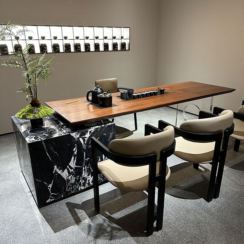 北美黑胡桃木茶桌椅组合现代简约轻奢岩板岛台办公室客厅实木茶台