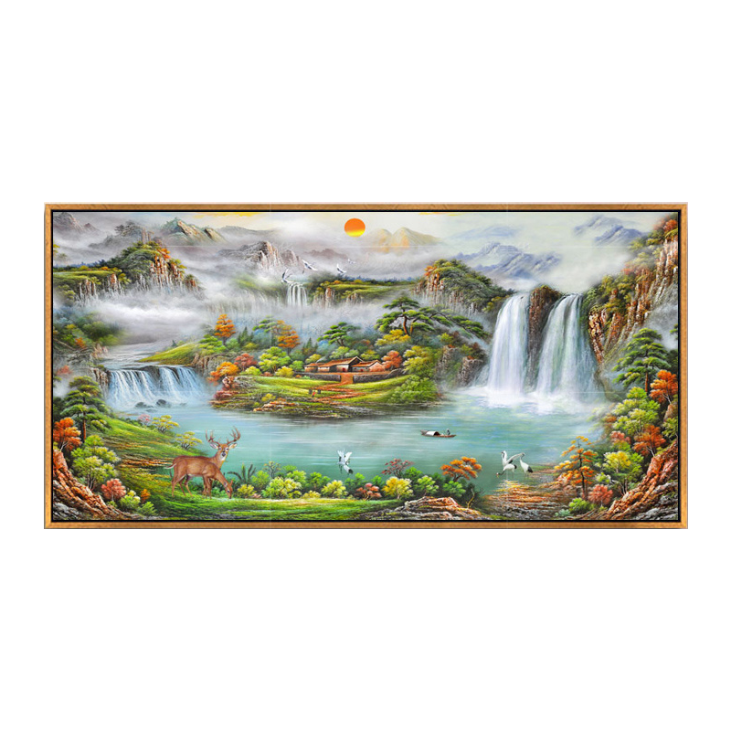 手绘旭日东升客厅装饰画沙发背景墙挂画现代简约山水画风景油画
