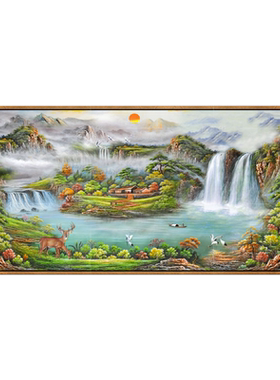 手绘旭日东升客厅装饰画沙发背景墙挂画现代简约山水画风景油画