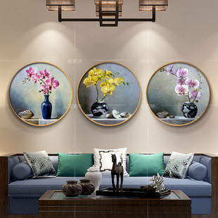 纯手绘圆形油画餐厅有框装饰画客厅三联挂画玄关挂画花卉 蝴蝶兰