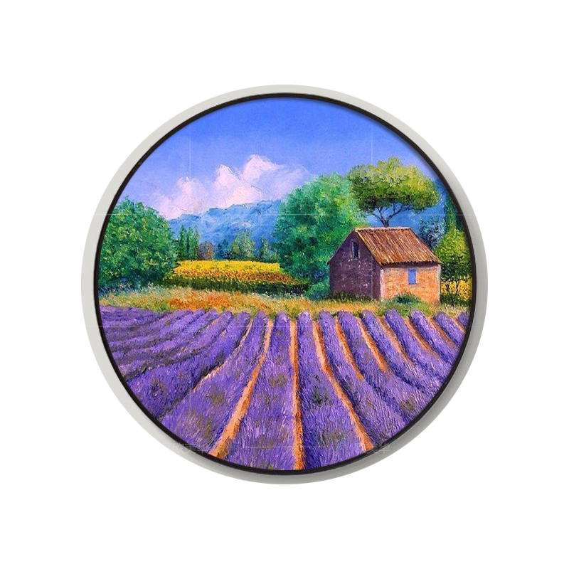 手绘油画圆形田园风景薰衣草装饰画入户玄关过道走廊挂画立体厚彩