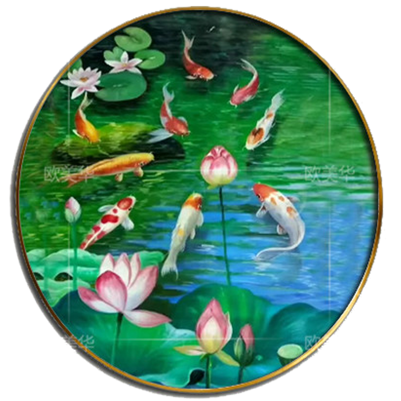 新中式风圆形九鱼图卧室装饰画