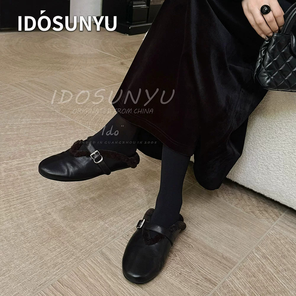 IDO欧货法式复古风牛皮一字带玛丽珍真皮包头拖女平底百搭懒人鞋