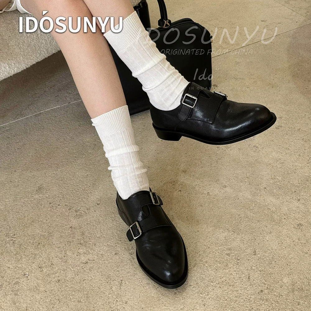 IDO欧货英伦风进口头层牛皮乐福鞋女皮带扣真皮复古百搭圆头单鞋