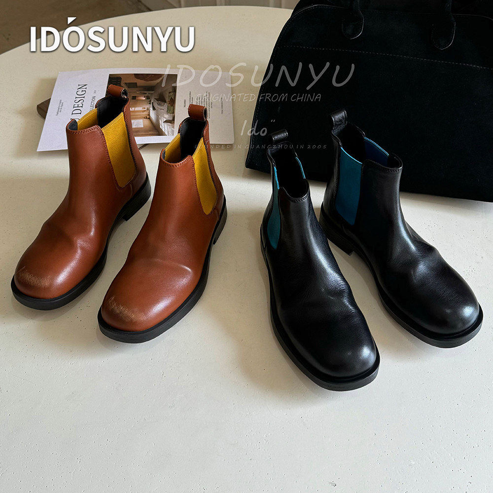 IDO欧货秋冬新款拉丝擦色牛皮3.5CM复古女款圆头低跟松紧百搭短靴