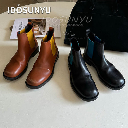 IDO欧货秋冬新款拉丝擦色牛皮3.5CM复古女款圆头低跟松紧百搭短靴