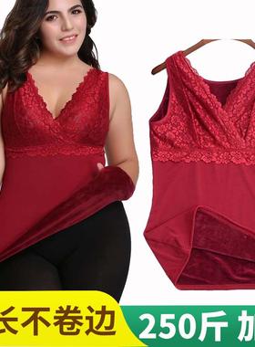 大码加绒加厚保暖背心女胖mm250斤加长高个性感交叉网纱蕾丝马甲