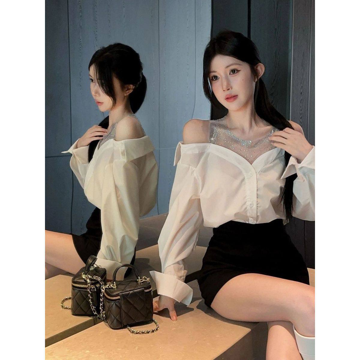 法式气质拼接网纱假两件长袖衬衫女装秋季设计感收腰衬衣露肩上衣,女装/女士精品,衬衫,淘宝优惠券,粉丝福利购,淘宝优惠卷