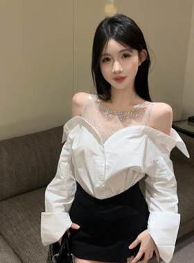 纯欲性感设计感网纱拼接假两件烫钻收腰显瘦小众露肩长袖衬衫上衣
