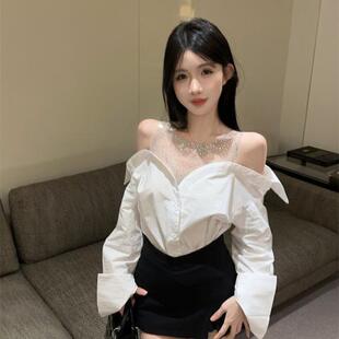 纯欲性感设计感网纱拼接假两件烫钻收腰显瘦小众露肩长袖衬衫上衣