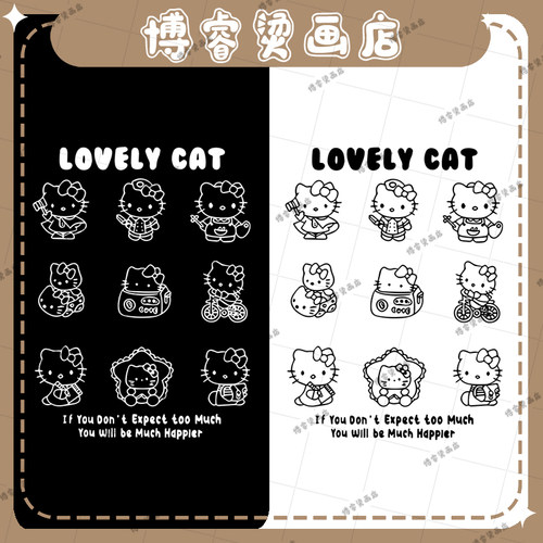 可爱简约线条kitty猫服装印花辅料装饰贴T恤卫衣新款图案白墨烫画
