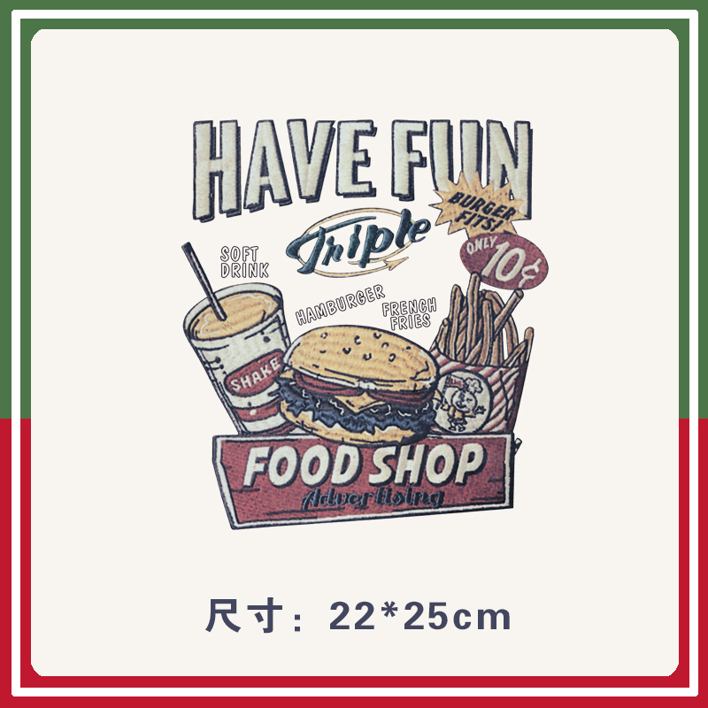 港风ins汉堡薯条字母T恤卫衣新款图案热转印白墨烫画贴高弹