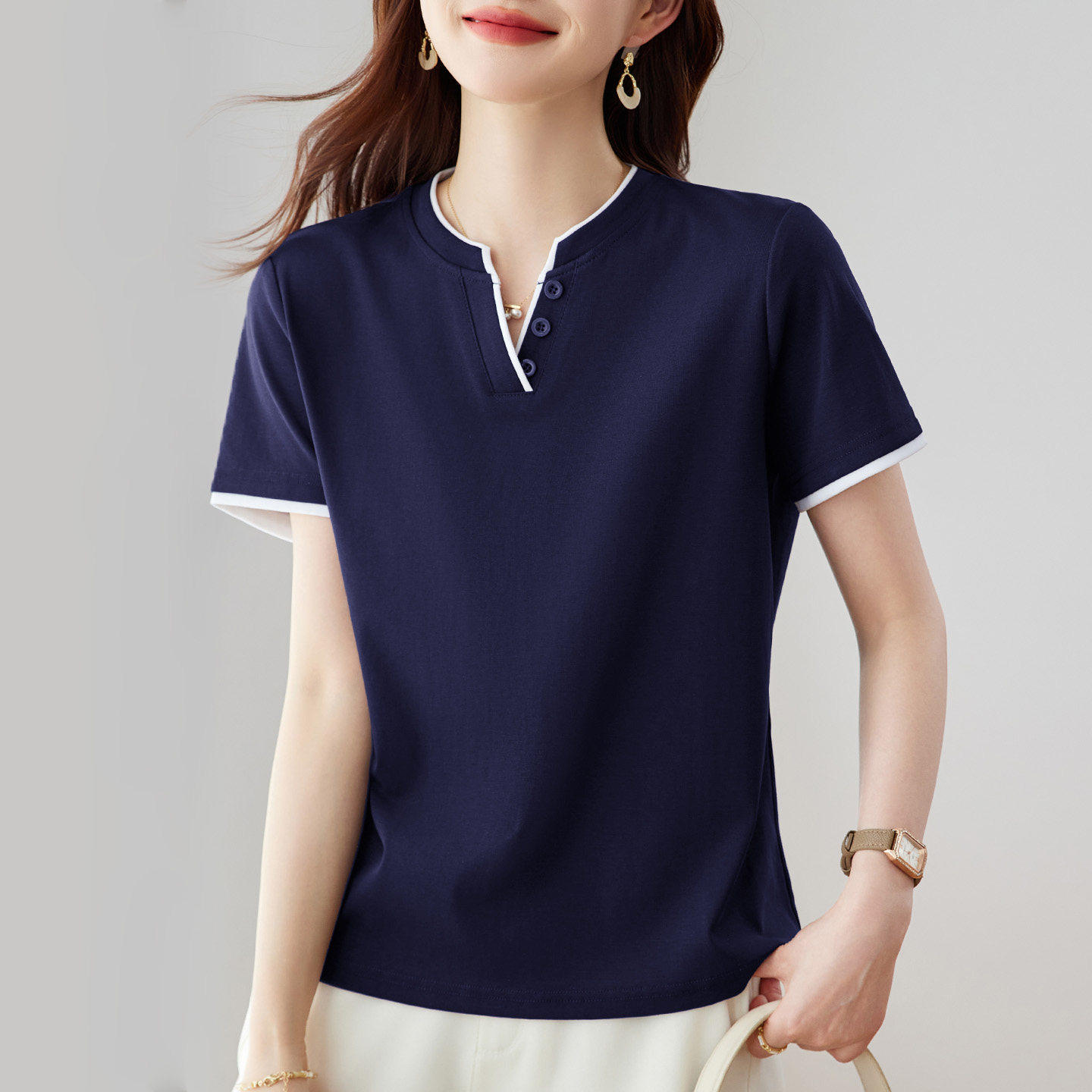 正肩V领短袖T恤女2025新款夏季爆款高端洋派女装减龄上衣半袖T恤